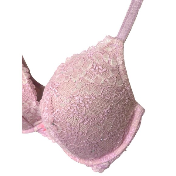 Victoria Secret Dream Angel Bra 34DD Pink Rhinestone Lace Push Up Padded - Picture 3 of 8